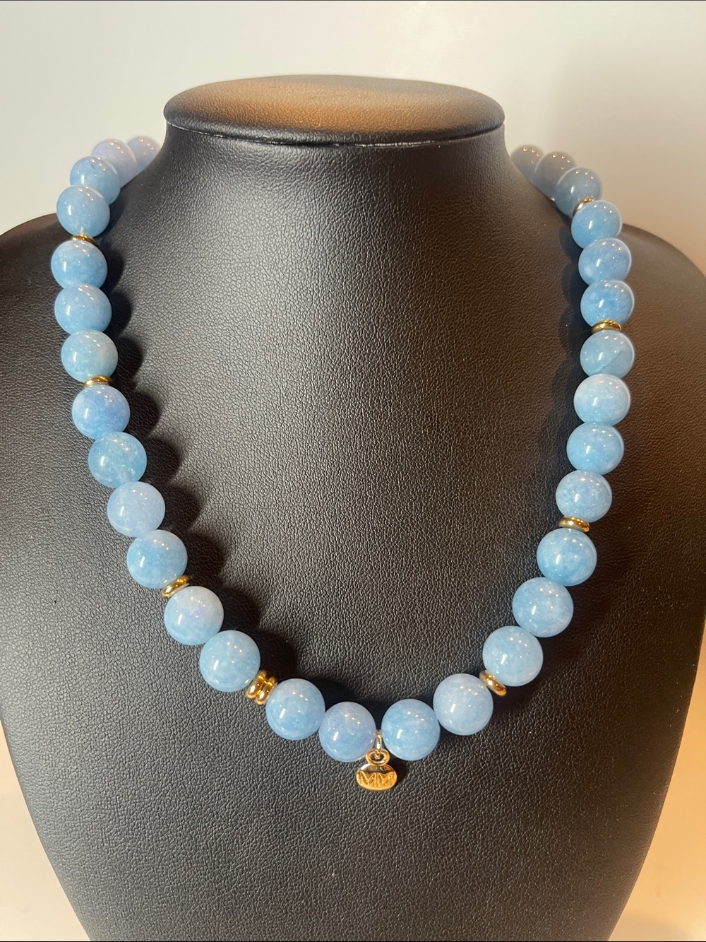 Sky Blue Beaded Necklace with Gold Accents 01971